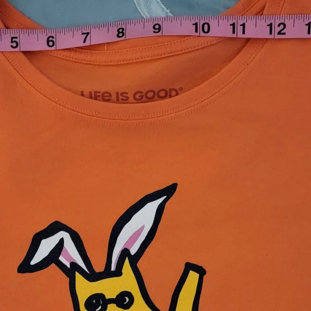 Life Is Good Shirt Women Medium Orange Hoppy Hour with Dog Holding a Lily Short - Picture 3 of 9